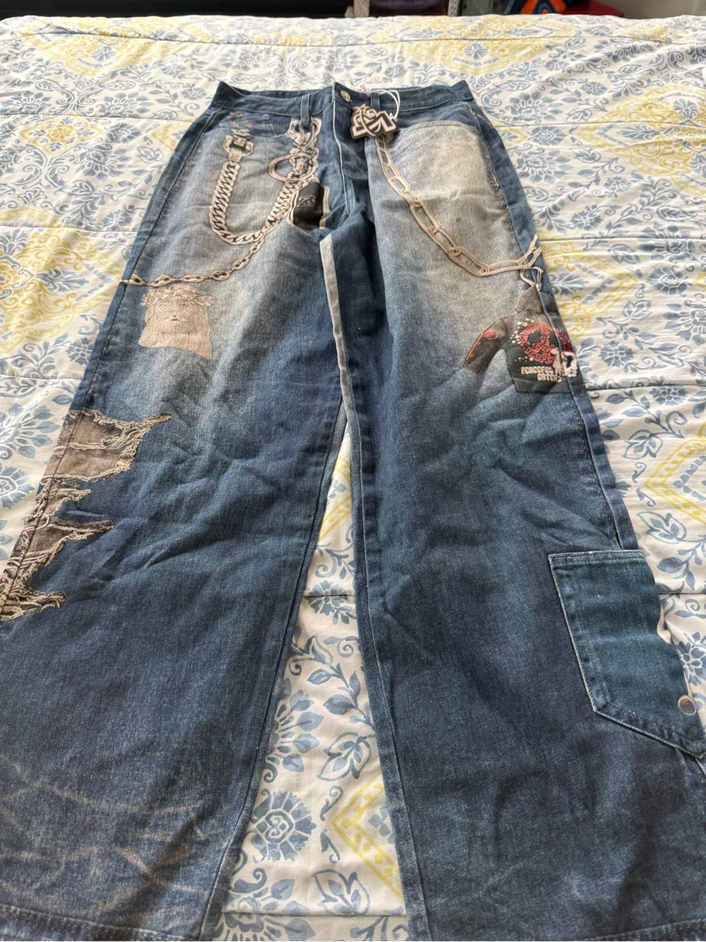 Triple 7 Men's Washed Blue Bootcut Jeans with Chain & Patch Graphics